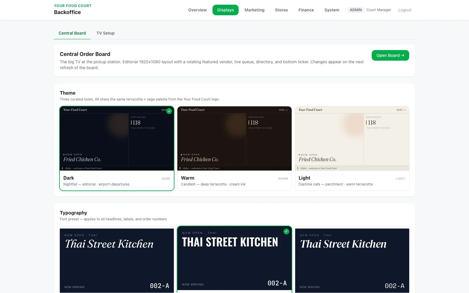 Displays config — three theme presets and three typography presets