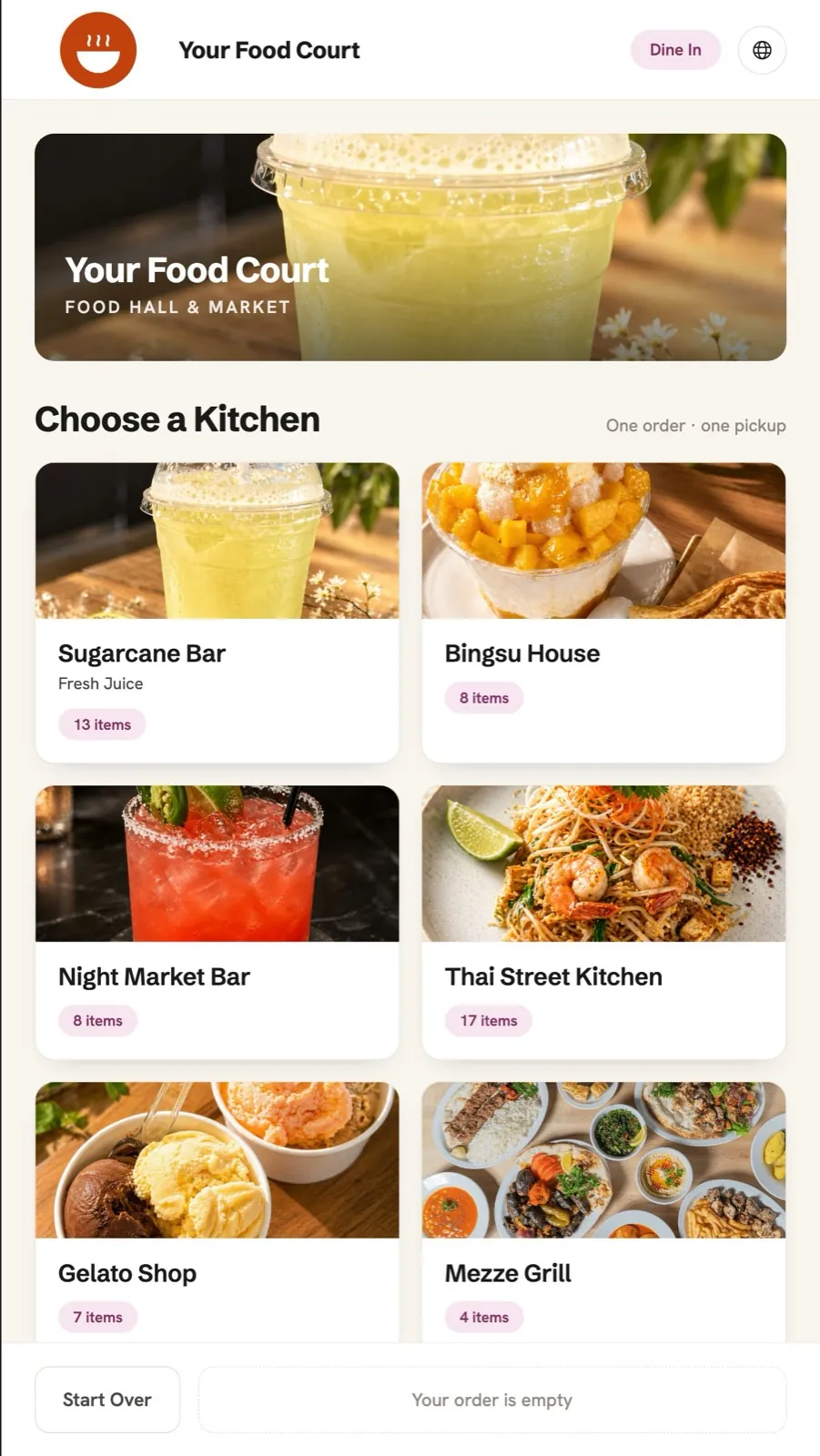 Food court kiosk — pick a kitchen, then order and pay at that counter