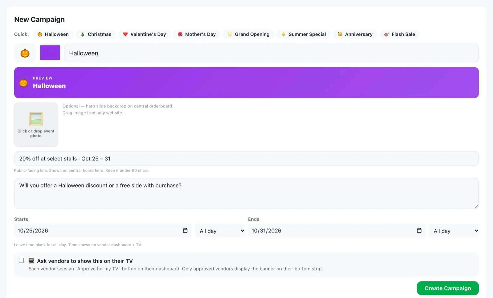 Marketing campaign creator — seasonal presets and vendor approval workflow