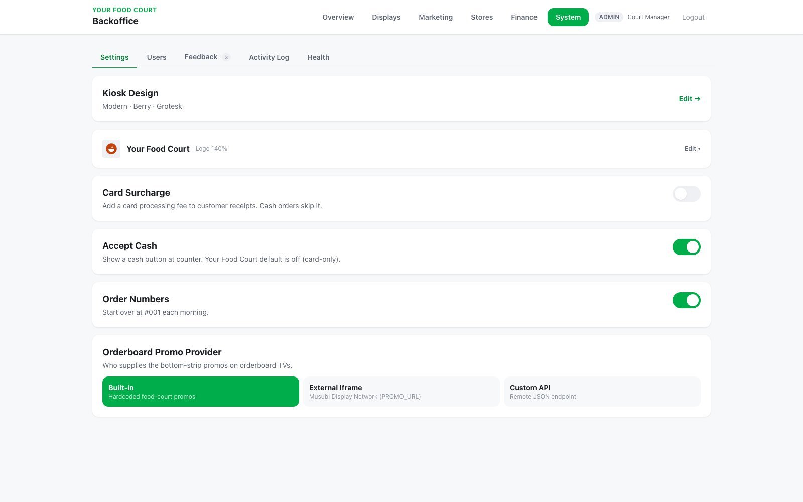 System settings — kiosk design, food court name, card surcharge, cash