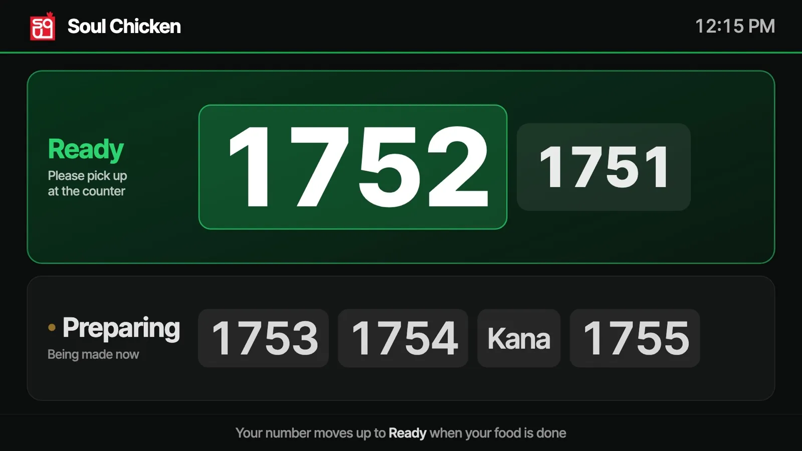 Order status TV at Soul Chicken: Ready and Preparing numbers
